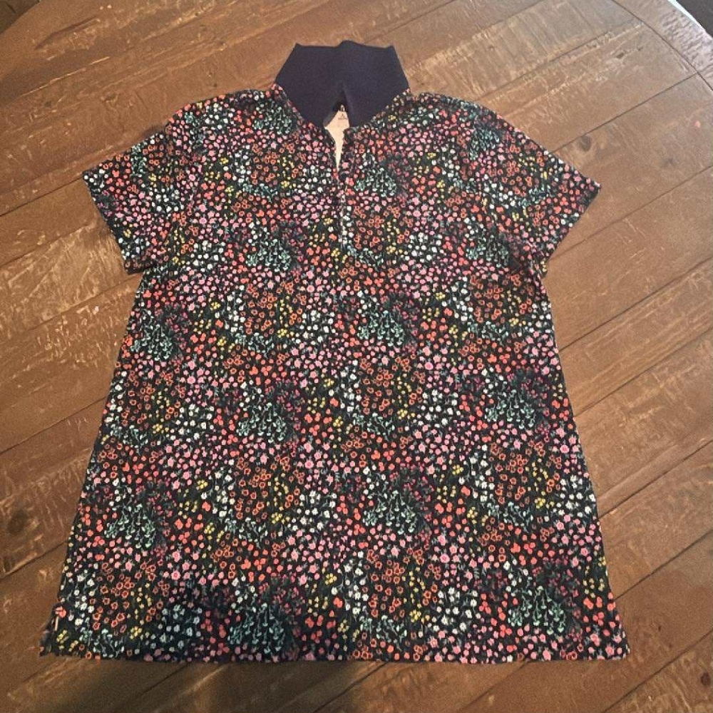 Lands End Floral Polo Shirt with Navy Collar Cottagecore Colorful‎